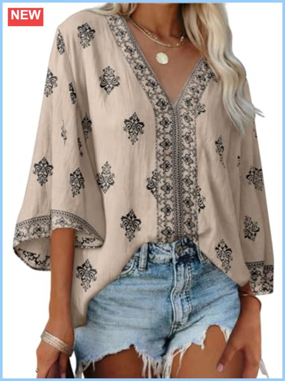 Women's Boho Floral Peasant Blouse with Deep V-Neck & 3/4 Sleeves - Lightweight